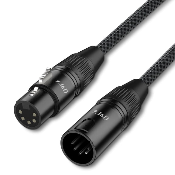 J&D 5 ft XLR DMX Cable, 5-Pin Male to Female, DMX512 Stage Lighting Connector for Show