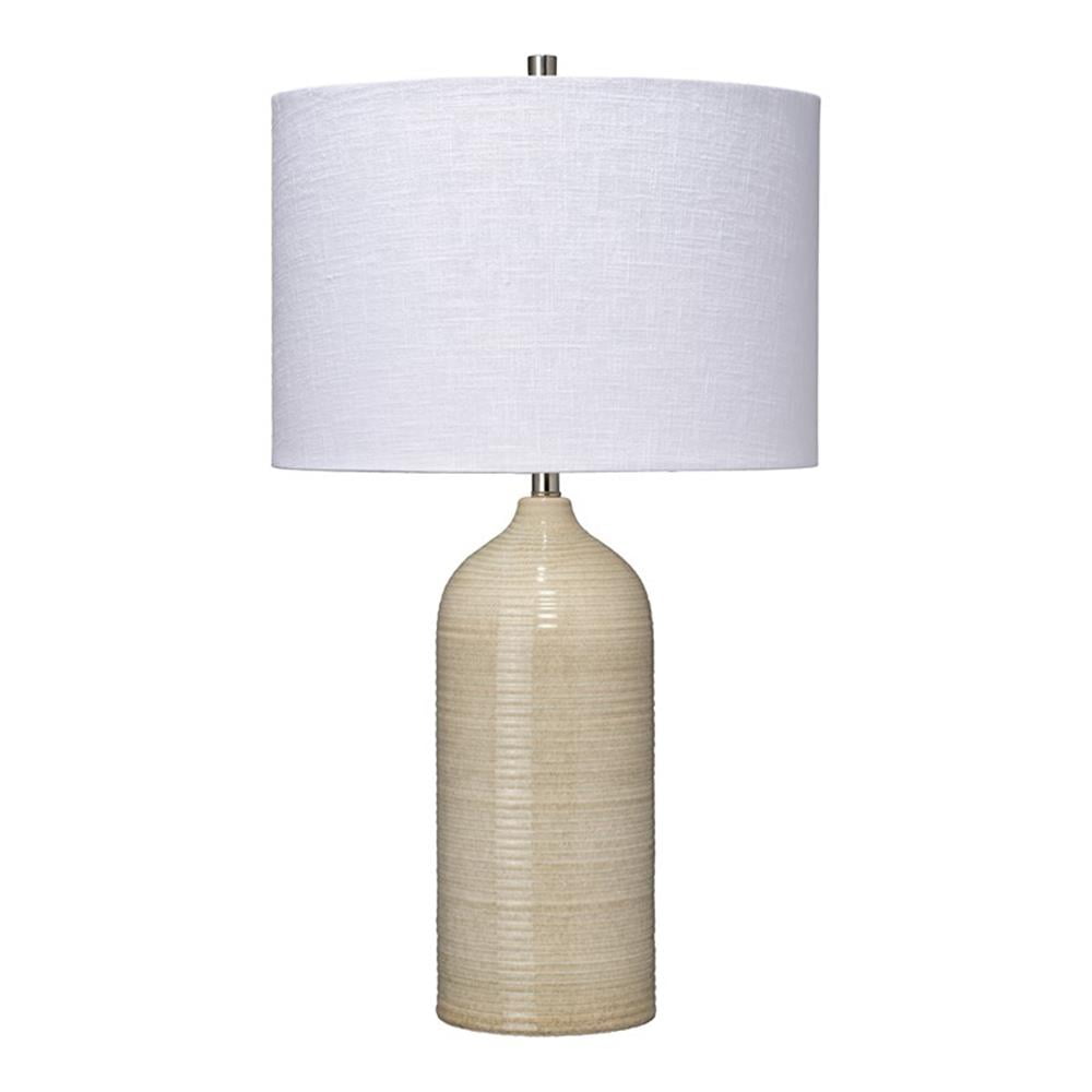 Taupe Ceramic Table Lamp with Silver Accents and Linen Shade