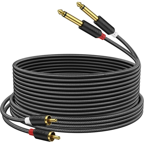 J&D Dual 1/4" TS to RCA Cable, Gold-Plated Stereo Audio Interconnect with Nylon Braid, 15 ft