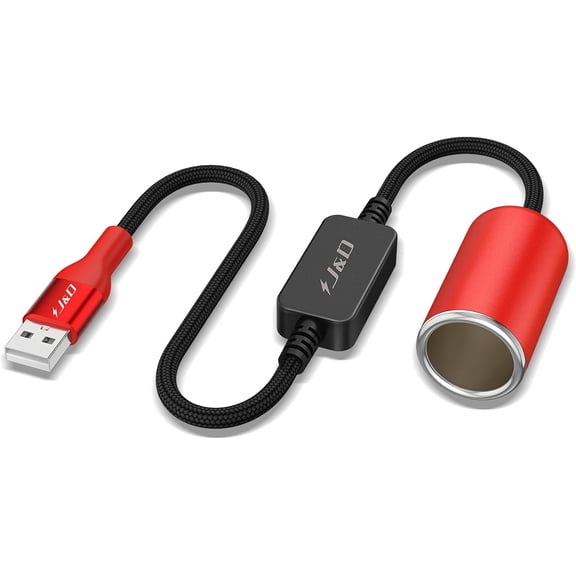 J&D USB A Male to 12V Car Power Adapter Cable, 1 ft Converter with Cigarette Lighter Socket 18W,Red
