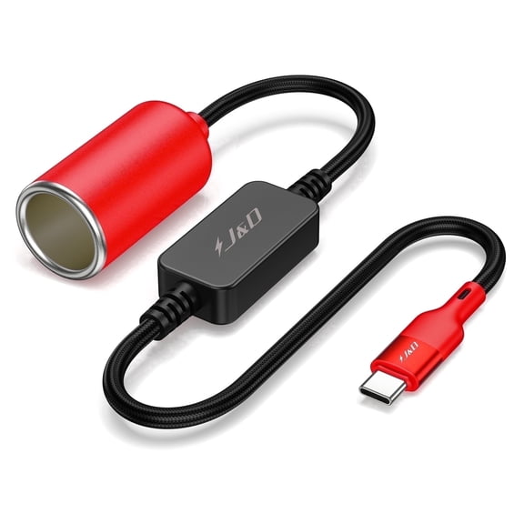 J&D USB-C To 12V Car Cigarette Lighter Converter, 18W Power Cable for Dash Cam, GPS, Red, 1 ft