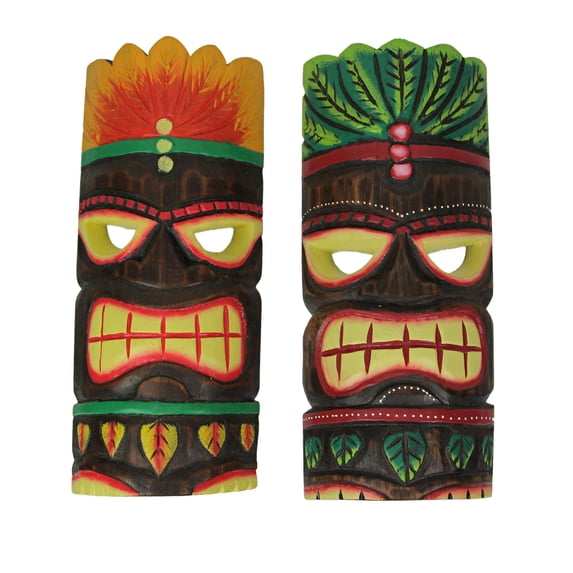 J.D. Yeatts 12 inch Carved Wood Tiki Mask Headdress Wall Sculptures (Set of 2)