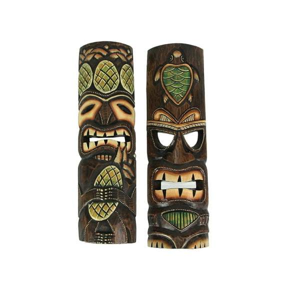 J.D. Yeatts 20 inch Wood Tiki Wall Mask Pineapple and Sea Turtle ( Set of 2)