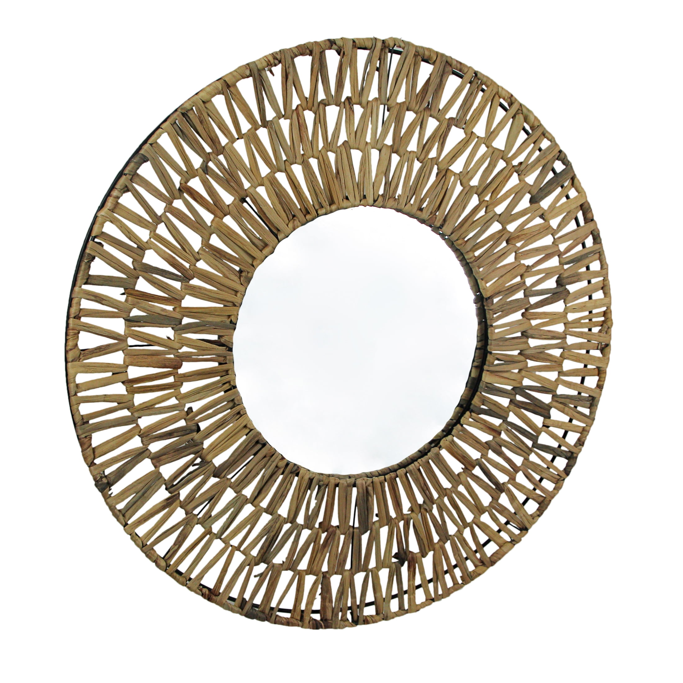 Natural Seagrass Round Wall Mirror with Metal Supports, 32"