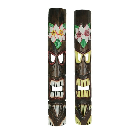 J.D. Yeatts 39 inch Carved Wood Plumeria Flower Tiki Wall Masks (Set of 2)