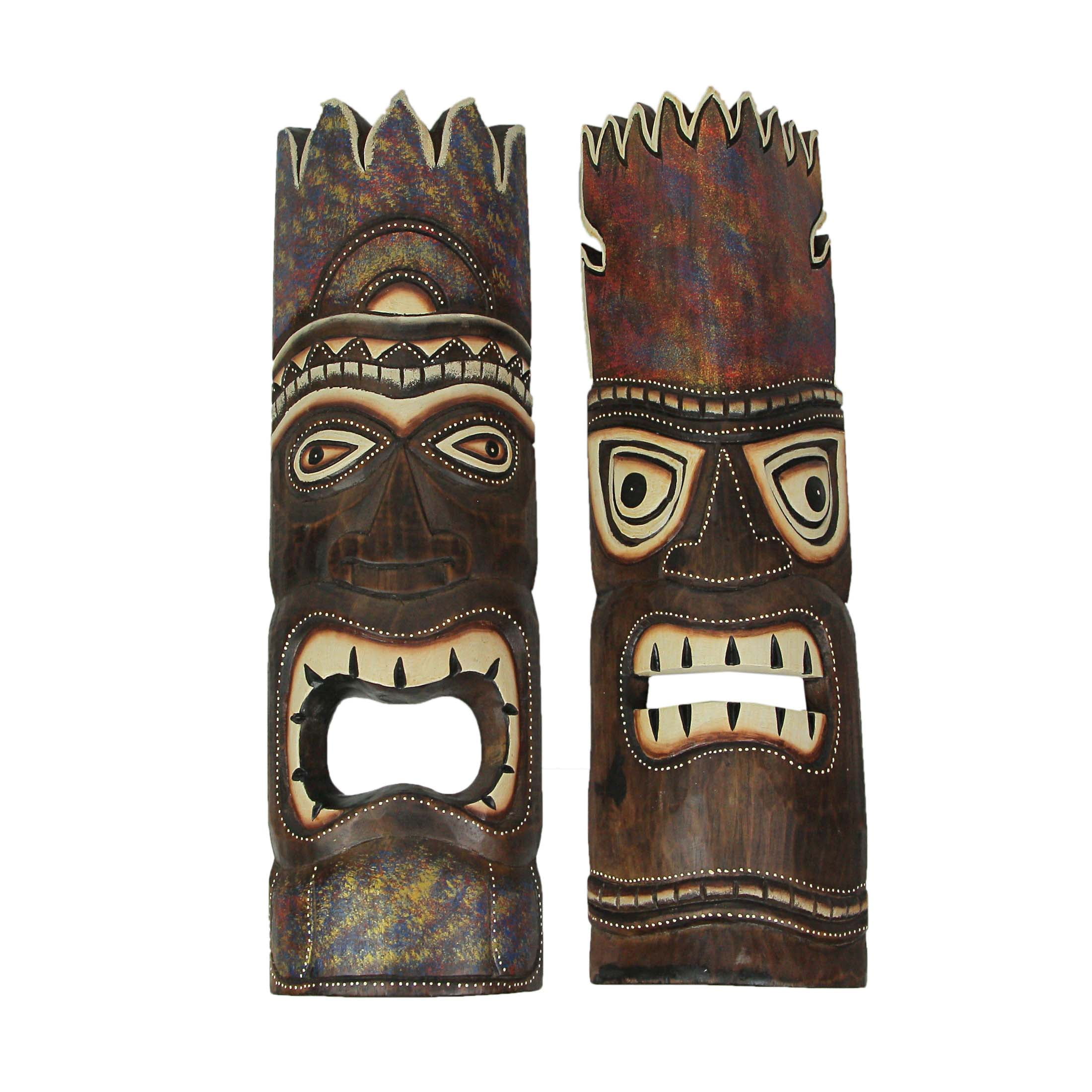 Handcrafted Polynesian Style Brown Wood Tiki Masks Set
