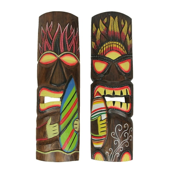 J.D. Yeatts Fire and Wind Carved Wood Surfer Tiki Wall Masks 20 inch (Set of 2)