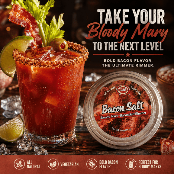 J&D's Bloody Mary Bacon Salt Rimmer Tin Bacon Flavored Cocktail Rimming Salt for Drinks & Recipes Kosher, Vegetarian, 3.5 oz