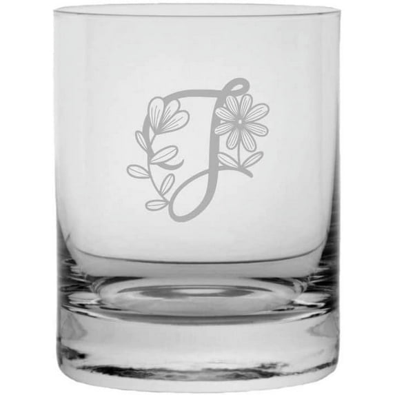 J Daishy Daisy Monogram Etched 11oz Crystal Rocks Whisky Glass