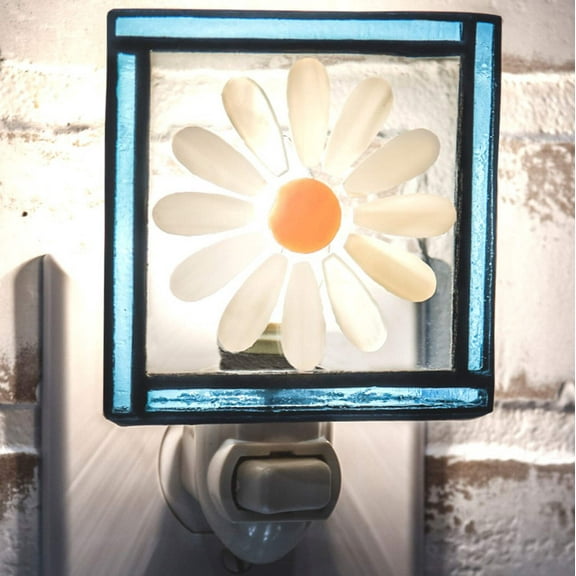 J Devlin Glass Art Stained Glass Night Light, Blue, Daisy, Flower, Plug in nightlight for Bedroom/Bathroom/Stairway/Hallway Home Decor NTL 210-2