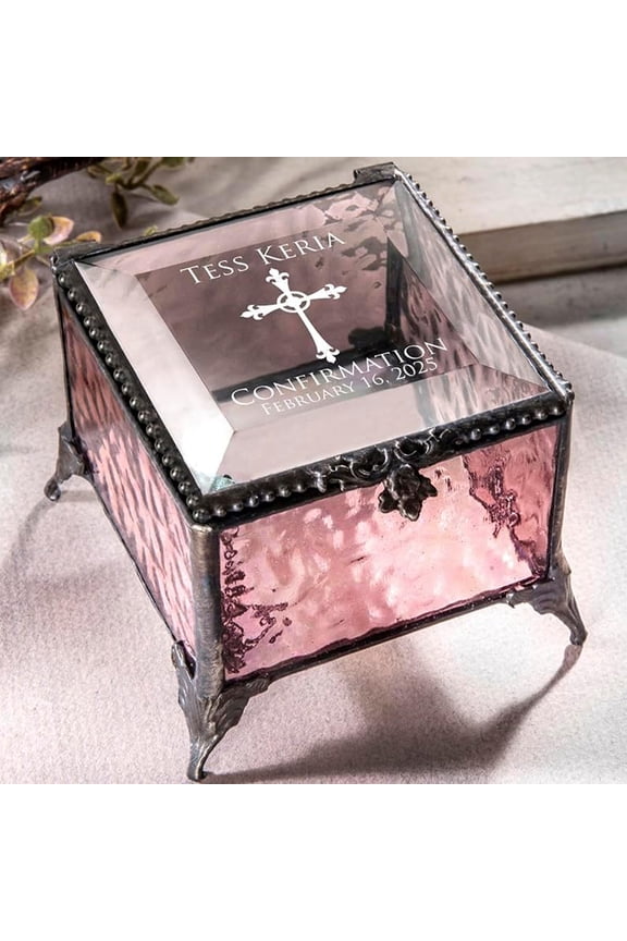 J. Devlin Personalized Confirmation Gift for Girls  Engraved Pink Stained Glass Jewelry Keepsake Box  Custom Name  Box 903 EB221