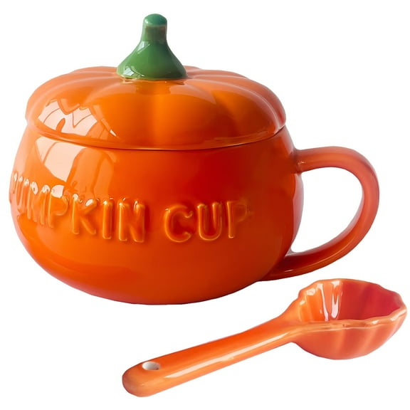 J.Ehonace 16 oz Orange Ceramic Pumpkin Mugs with Spoon, Fall Themed Decorations