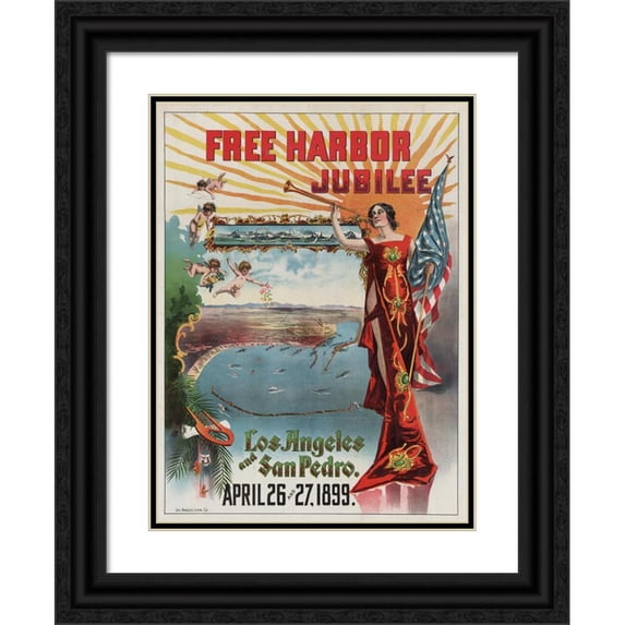 J.F. Derby 14x18 Black Ornate Wood Framed Double Matted Museum Art Print Titled - Free Harbor Jubilee, Los Angeles and San Pedro (1899)