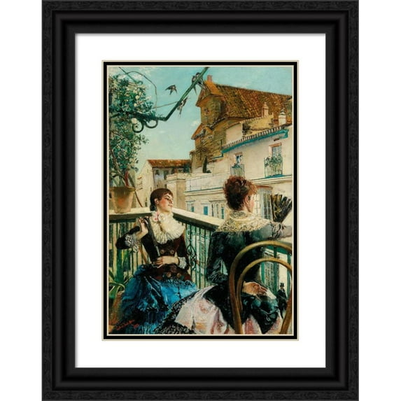J. Ferry 14x18 Black Ornate Wood Framed Double Matted Museum Art Print Titled - On the Balcony, the Love Letter (1883)