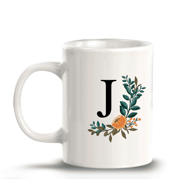 J Floral Pattern 11oz Ceramic Coffee Mug | Initial Personalized Gift