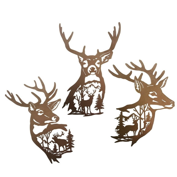 J-Fly Cabin Metal Deer Wall Art Décor Set of 3 9 Inch, House Farmhouse Decorations , Rustic Forest Hunting Mountain Decor for Indoor Outdoor Lodge, Brown