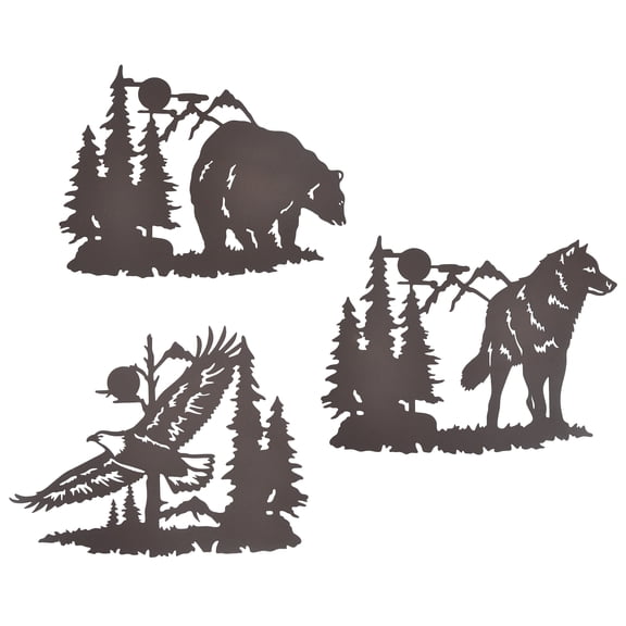 J-Fly Cabin Metal Wall Art Decor, Bear Wolf Hawk in the Forest Pine Tree, 9 Inch Set of 3, Rustic Concise House Decorations for Farmhouse Living Room Bedroom Bathroom, Hunting Mountain Decor for Indoo