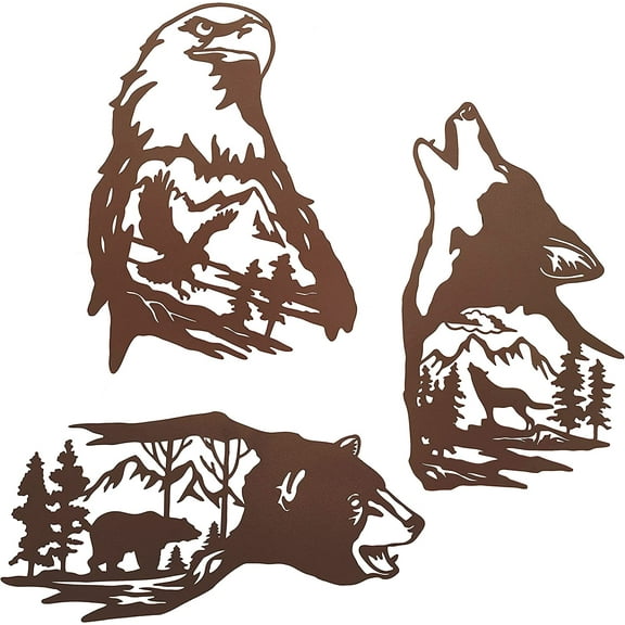 J-Fly Metal Bear Wall Decor Eagle Wall Decor Wildlife Wall Art Rustic Cabin Decor Laser Cut Bear and Wolf Eagle For Living Room Bedroom Bathroom etc Indoor & Outdoor Decor 3 Pack