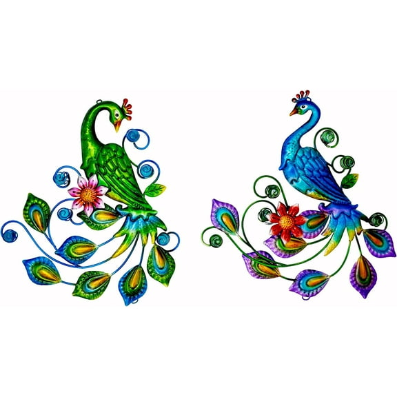 J-Fly Metal Peacock Wall Decor Colorful Tropical Outdoor Wall Decor Peacock Indoor Metal Wall Art Metal Bird Wall Decor Outdoor Decor Patio Wall Fence Garden Home Kitchen Decor 11 inch for Set of 2