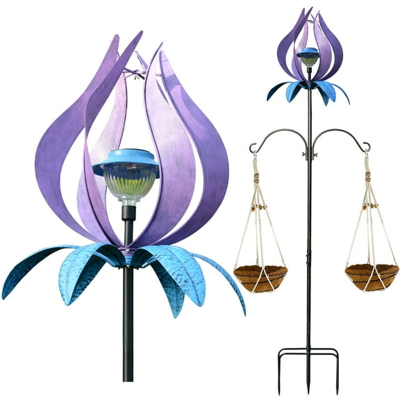 J-Fly Metal Wind Spinner Outdoor Terrace Windmill LED Solar Landscape Light Outdoor Garden Decoration for Lawn Garden Park Decoration Double Coconut Flower Basket Metal Pile 83 inch