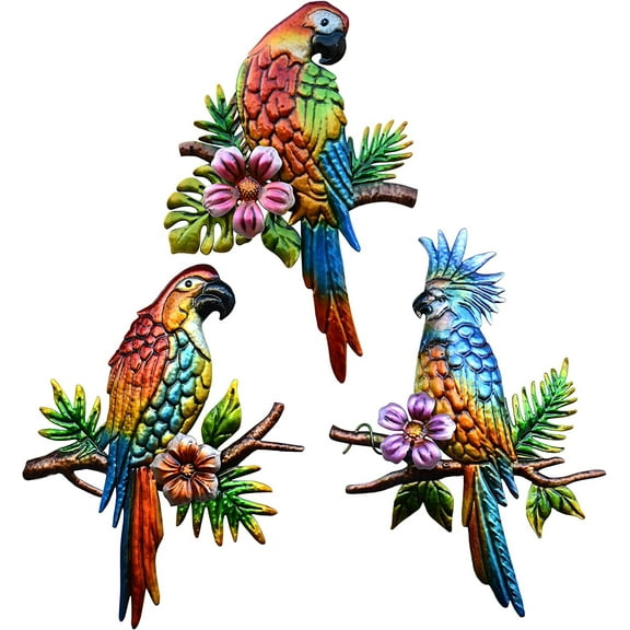 J-Fly Parrot Tropical Wall Art Decor Metal Bird Wall Decor Outdoor Decorations for Patio Wall Fence Garden Home Kitchen Balcony Tropical Bird Macaw Wall Sculpture Hanging for Indoor Outdoor