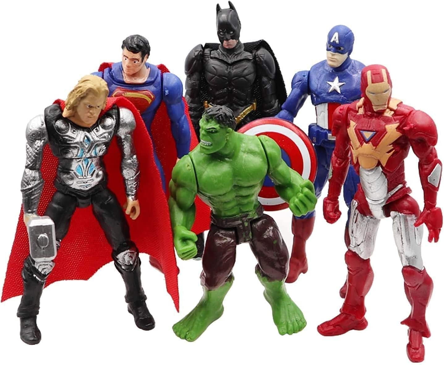 J&G Ultimate Marvel Superhero Toy Set of 6 PSC Best Heroes Action Figures - Batman Superman Hulk Thor, Ironman, Captain America Collectible Models Superhero Playset Exclusive Cake Topper