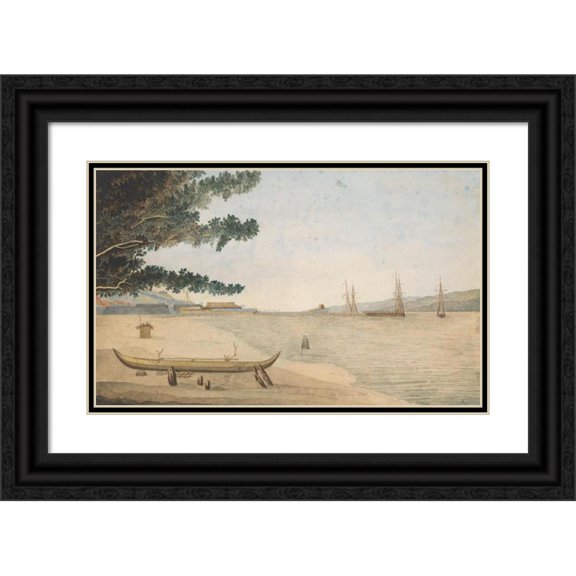 J. G. van der Does 24x16 Black Ornate Framed Double Matted Museum Art Print Titled: View of a Dutch Settlement with Fort and Haven in Indonesia (1845)