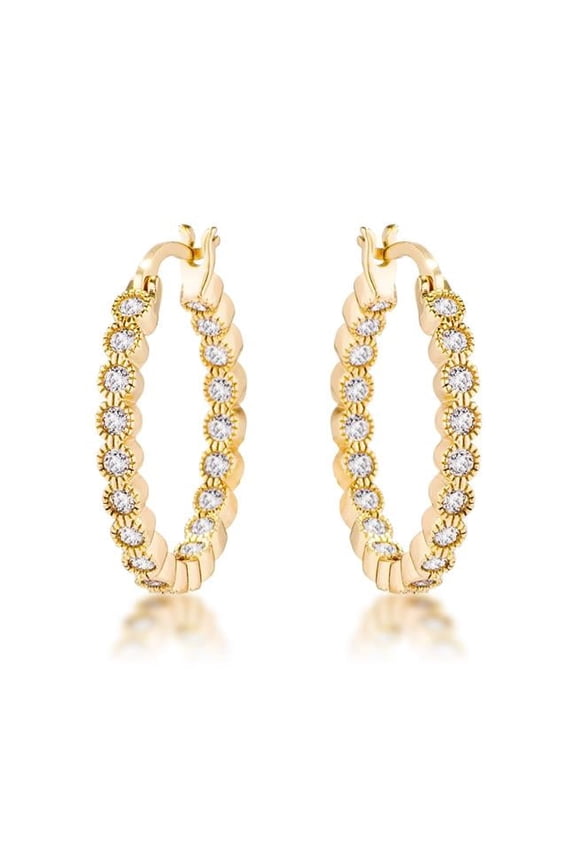 J Goodin E02025G-C01 0.44 CT Gold Plated Dotted Clear CZ Round Bezel Hoop Earrings