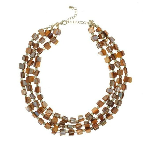 J&H Designs 9326-N-Brown 3-Row Brown & Goldtone Shell Beaded Statement Necklace - Orange