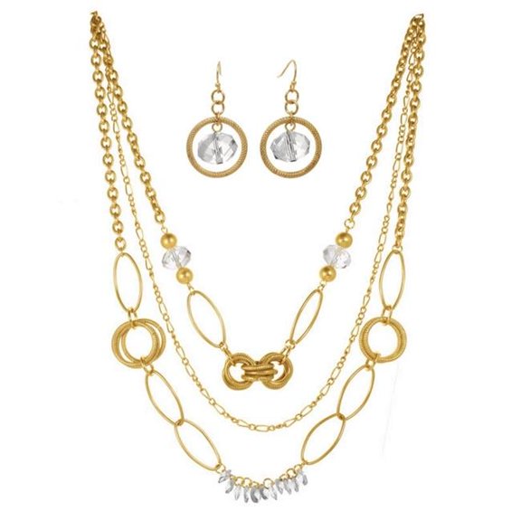 J&H Designs JHN9085 J&H Designs Crystal and Goldtone Hoop Three-strand Necklace and Earrings Jewelry Set