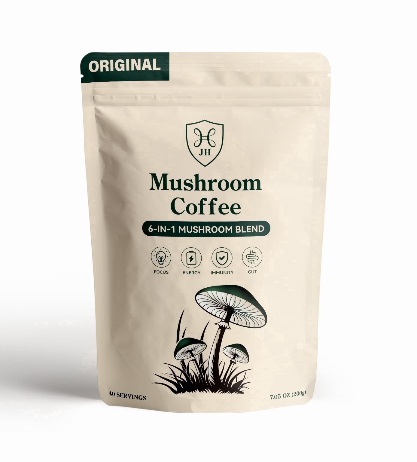 Mushroom Coffee 6-in-1 Instant Coffee, 40 Servings (200g), Lion’s Mane Cordyceps Reishi Blend, Low Caffeine Coffee Alternative, Sugar Free, Keto, Vegan