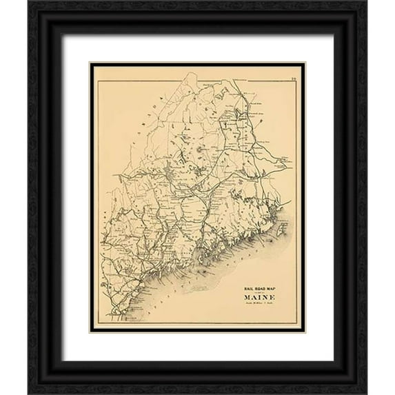 J.H. Stuart and Company 15x18 Black Ornate Wood Framed with Double Matting Museum Art Print Titled - Railroad map of Maine, 1894