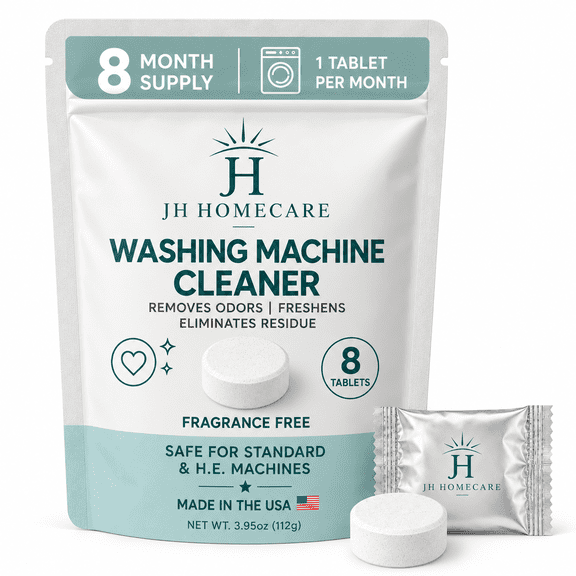 JH HomeCare Washing Machine Cleaner Tablets, 8 Count, Deep Cleaning Tablets for Front Load, Top Load & HE Washers, Removes Odor & Residue, Septic Safe