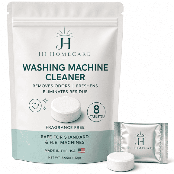 JH HomeCare Washing Machine Cleaner Tablets, 8 Count, Deep Cleaning Tablets for Front Load, Top Load & HE Washers, Removes Odor & Residue, Septic Safe