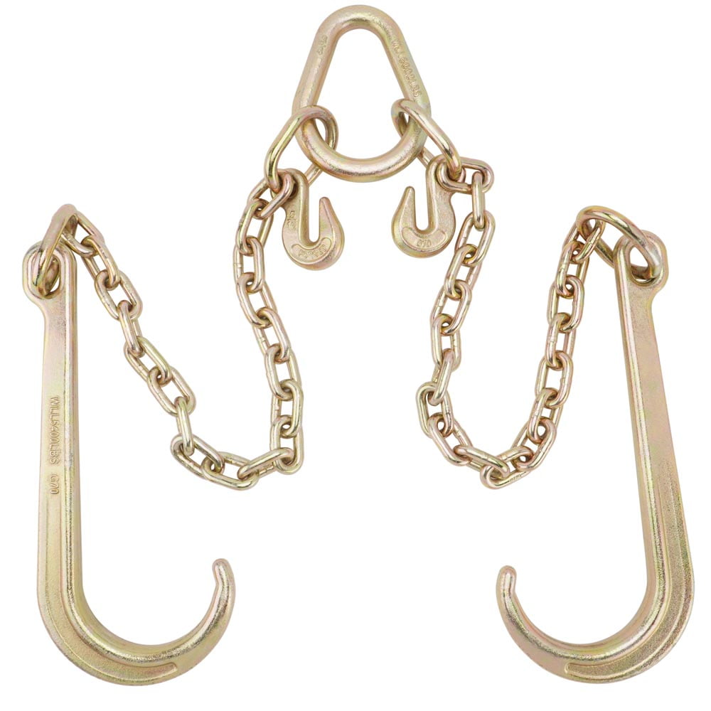 J Hook Tow Chain, 5/16''x2' Tow Chain V Bridle with Large Shank J Hooks and  Grab Hooks for Flatbed Truck Rollback Wrecker Carrier