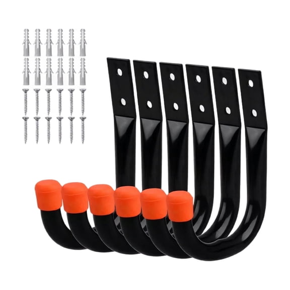 J Hooks, Orange Rubber Coated Heavy Duty Metal Garage Wall Mount Hangers, 6 Pack with 12 Screws 12 Expansion Tubes, for Organizing Garden Tools Ladders Bulk Items in Garage Warehouse Workshop