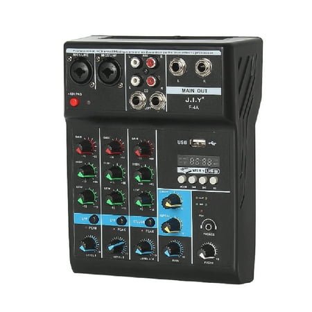 J.I.Y Professional 4-Channel Mixing Console Mini USB Mixer with Sound Card Effects Console Computer Tuning Soundcard Mixer with BT Connection Reverb Gain High and Low Tone Adjustment for Hom