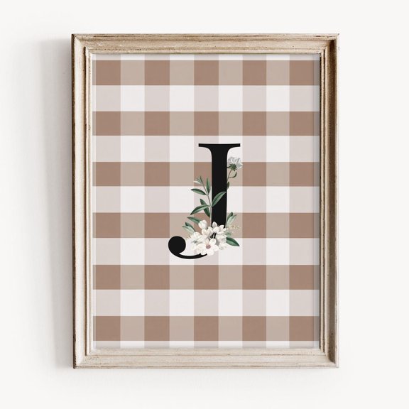J Initial Spring Flower Monogram Poster, Neutral Gingham Nursery Wall Art