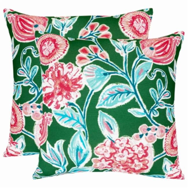 Green and Pink Floral Outdoor Toss Pillow Set, 16" x 16"
