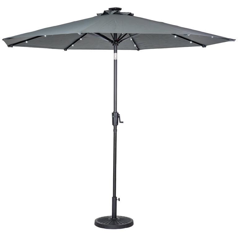 9 foot round solar aluminum patio umbrella 9' with Push-Button Tilt and Hand Crank Lift System, Market Umbrella in Navy for Patio, Deck, and Yard by Sun-Ray : Patio, Lawn & Garden which powers the lights along the umbrella ribs for 9 to 12 hours without the need for electricity Sun-Ray 9-ft Steel Beige Market