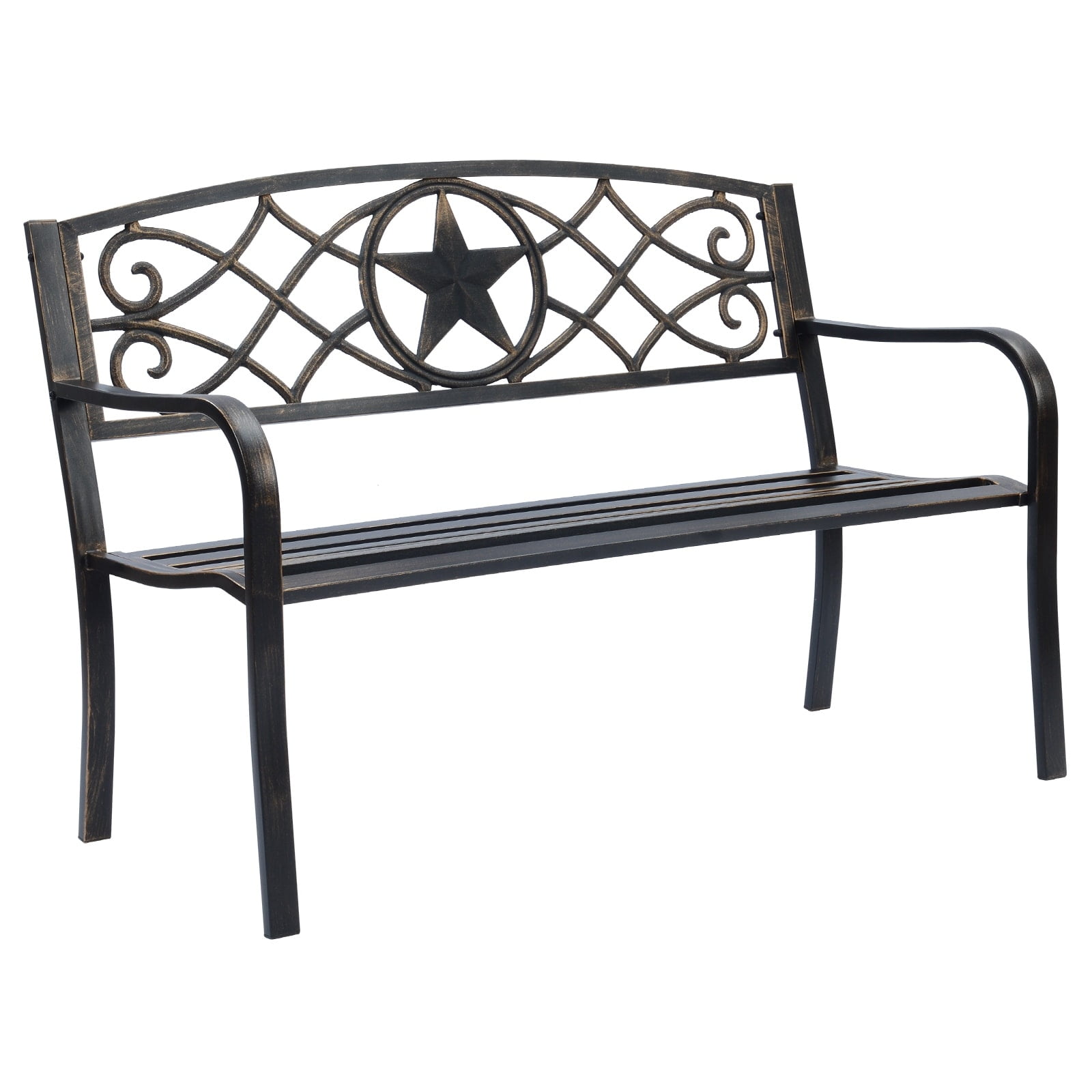 J&J Global Lone Star Metal Park Patio Bench, Outdoor Bench in Bronze