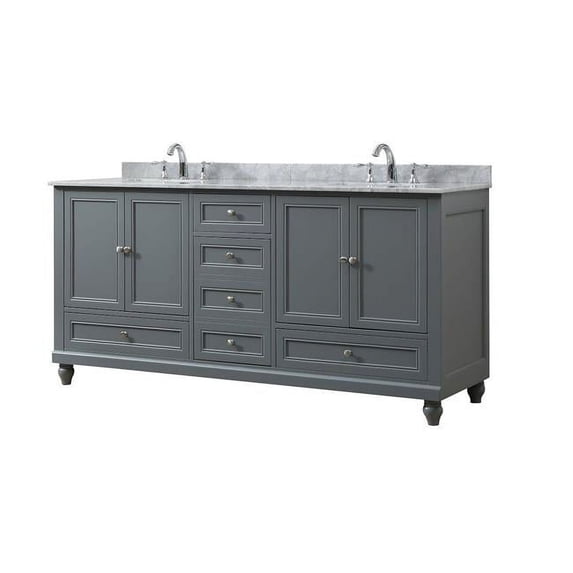 J & J International 72D9-GWC-MU 72 in. Classic Premium Bath & Makeup Hybrid Vanity in Gray with Marble Vanity Top in Carrara White with White Basin