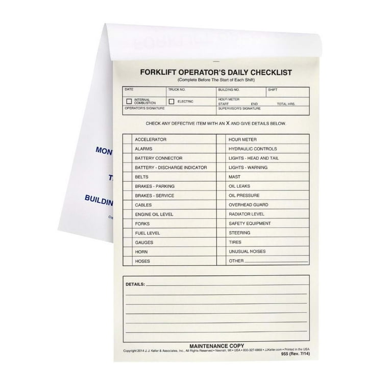 forklift-operator-daily-checklist-25-per-pack-book-format-2-ply-with-carbon-5-5-x-8-5-walmart-com for Printable Free Weekly Forklift Inspection Checklist Template Forklift Operator Daily Checklist 25 Per Pack - Book Format, 2-Ply with Carbon, 5.5