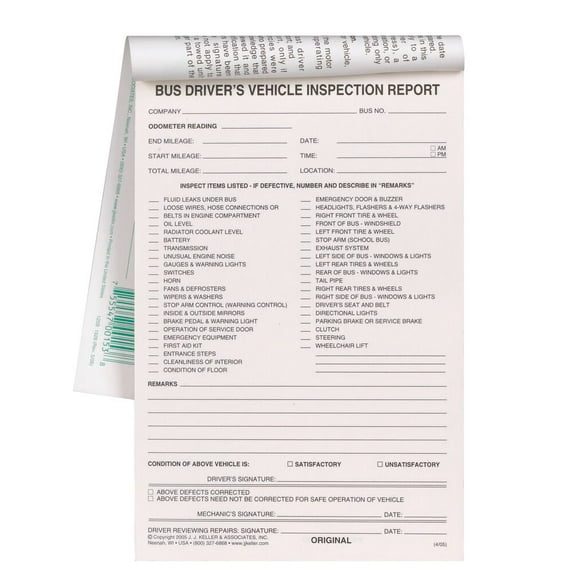 Bus Driver's Vehicle Inspection Report 10-pk. - Book Format, 2-Ply Carbonless, 5.5" x 8.125", 31 Sets of Forms Per Book