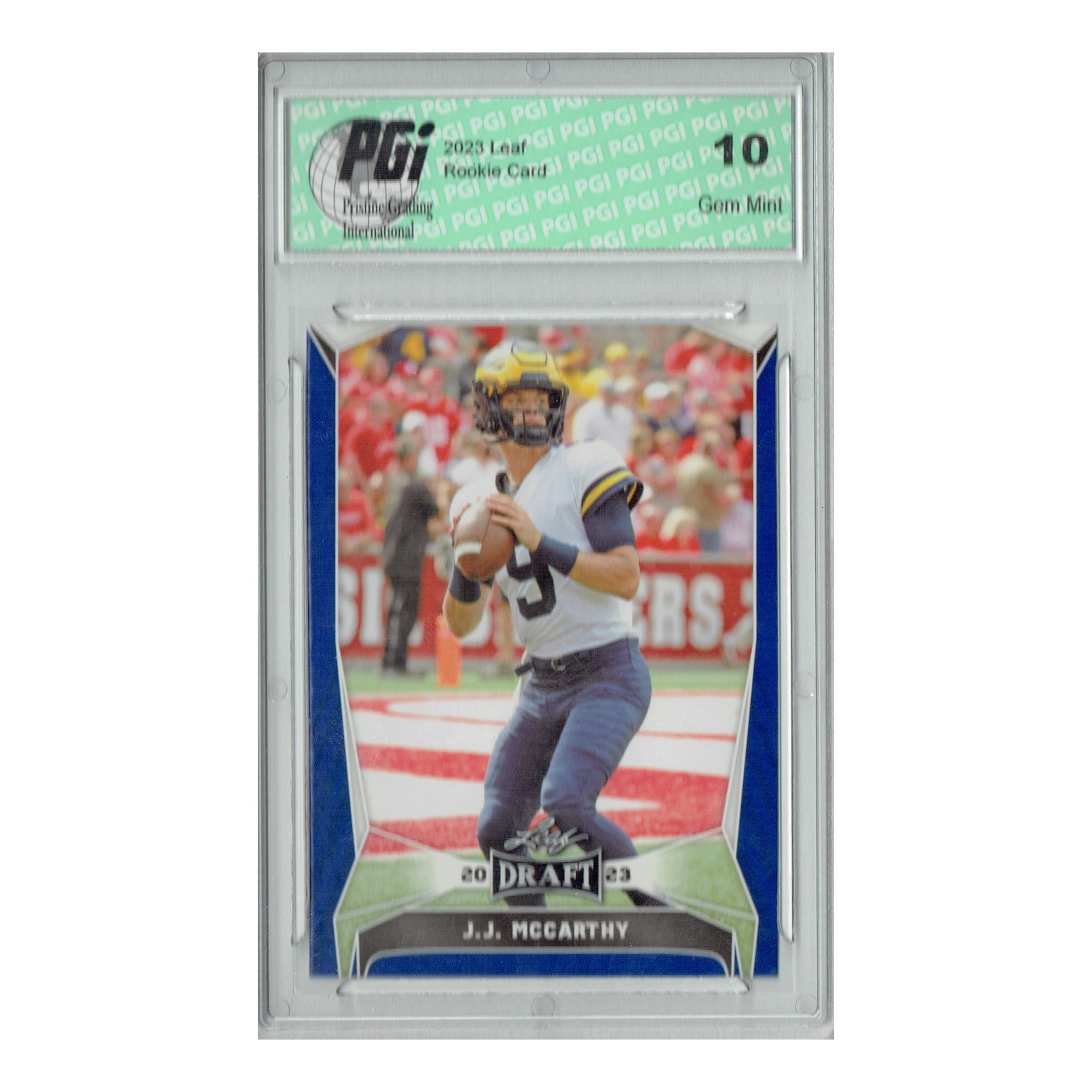 J.J. McCarthy 2023 Leaf Football #22 Blue Short Print Rookie Card PGI 10