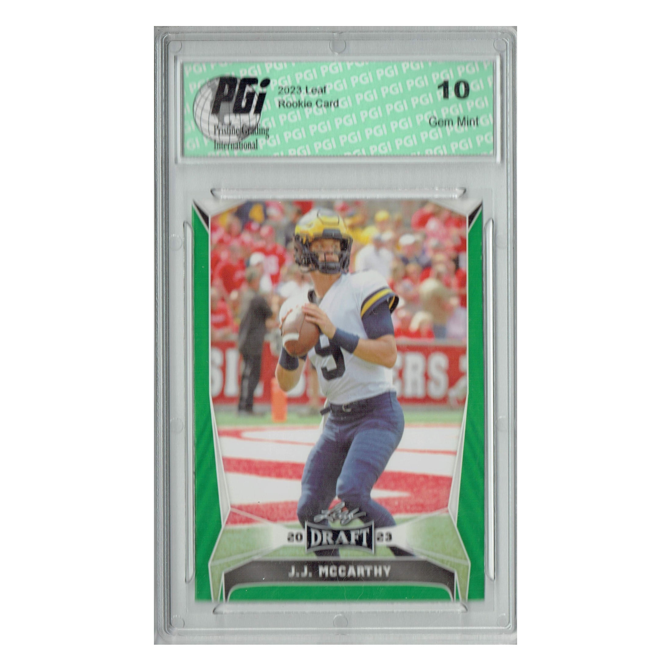 J.J. McCarthy 2023 Leaf Football #22 Green Short Print Rookie Card PGI 10