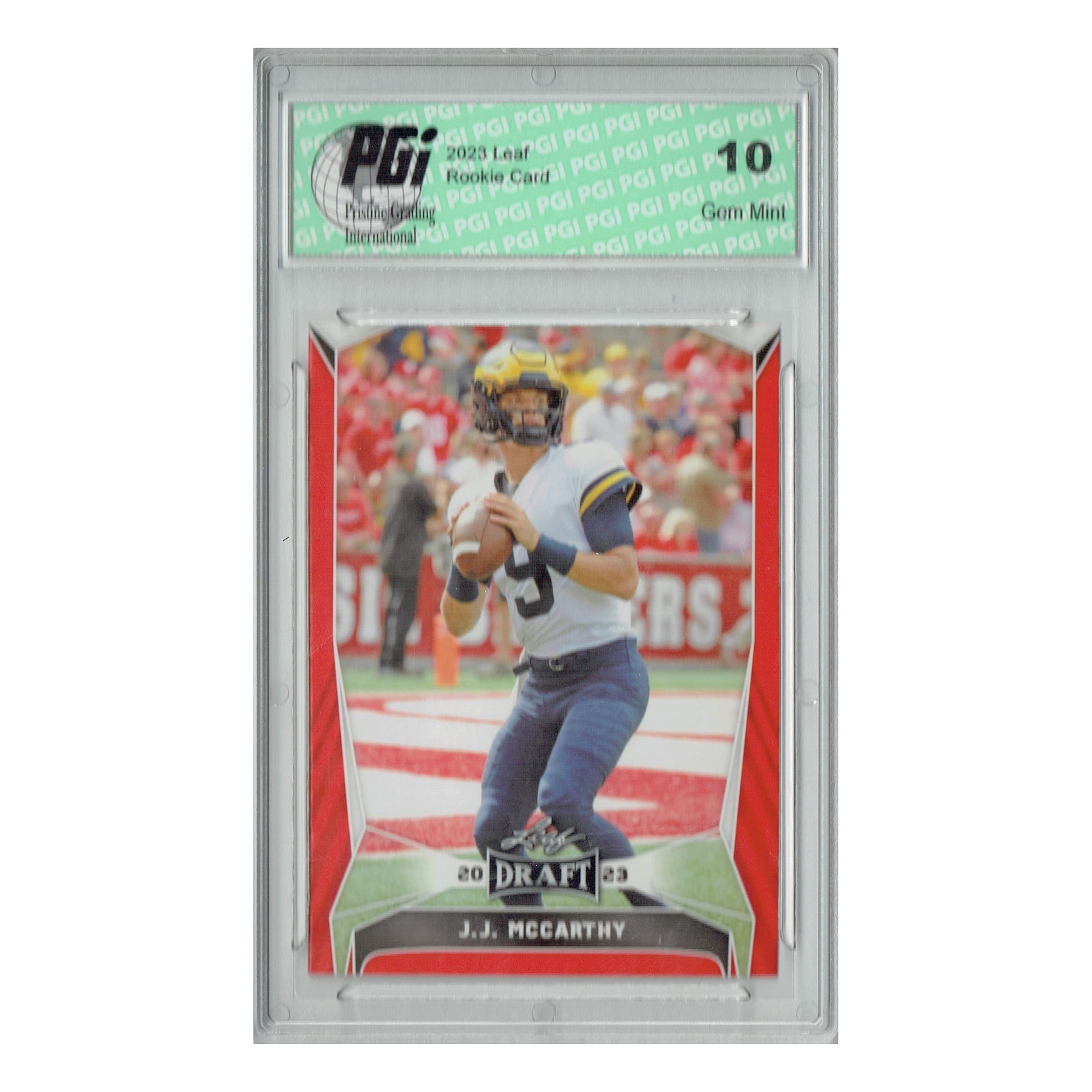 J.J. McCarthy 2023 Leaf Football #22 Red Short Print Rookie Card PGI 10