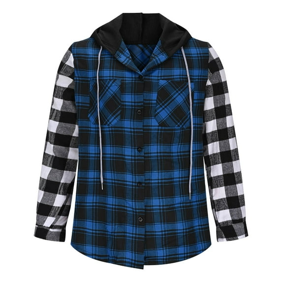 JIA JIA SHUANG Long Sleeve Shirt for Men Plaid Casual Button Down Hooded Top Casual Trendy Hooded Drawstring and Pockets Fall Jacket