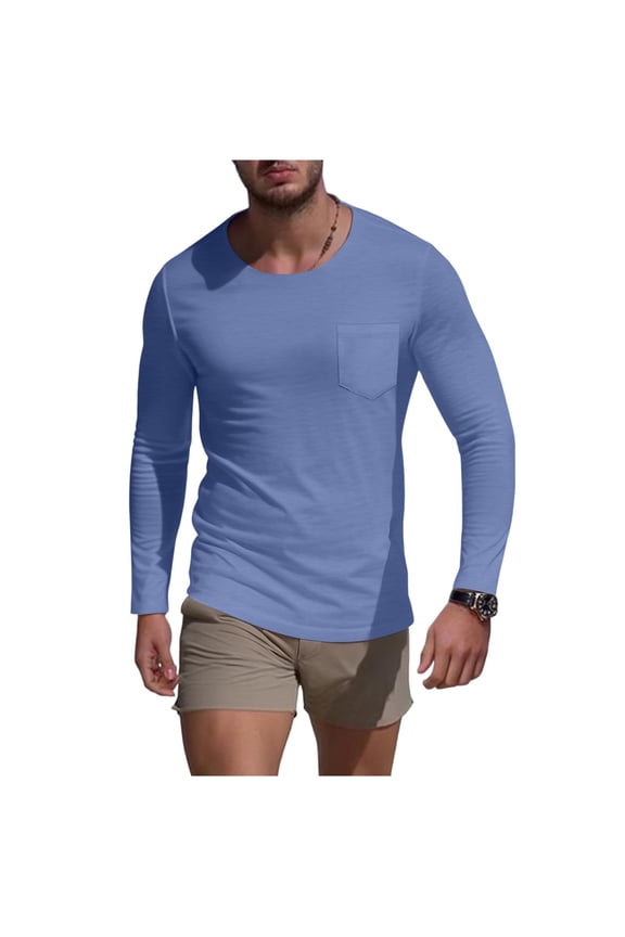 Mens Crew Neck T-Shirt Lightweight Long Sleeve Solid Color Slim Fit Pullover with Pocket Base Layer Athletic Workout Gym