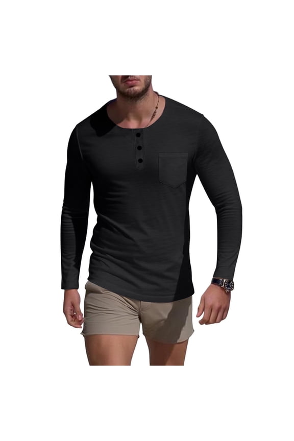 Mens Long Sleeve T-Shirt Lightweight Quater Button Solid Color Crew Neck Pullover Slim Fit Base Layer Top with Pocket